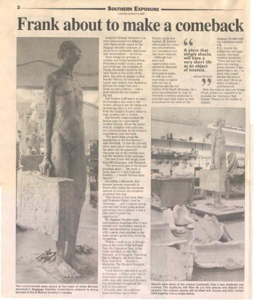 Southern Exposure article on the bronzing of Frank and his comeback to the red rooster winery.